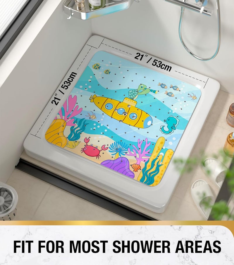 HITSLAM Square Shower Stall Mat Anti Slip, Quick Dry 21x21 Inch Bathtub Floor Mat for Kids with Suction Cups and Drainage Holes, Machine Wash, Soft on Feet, Submarine - Image 2
